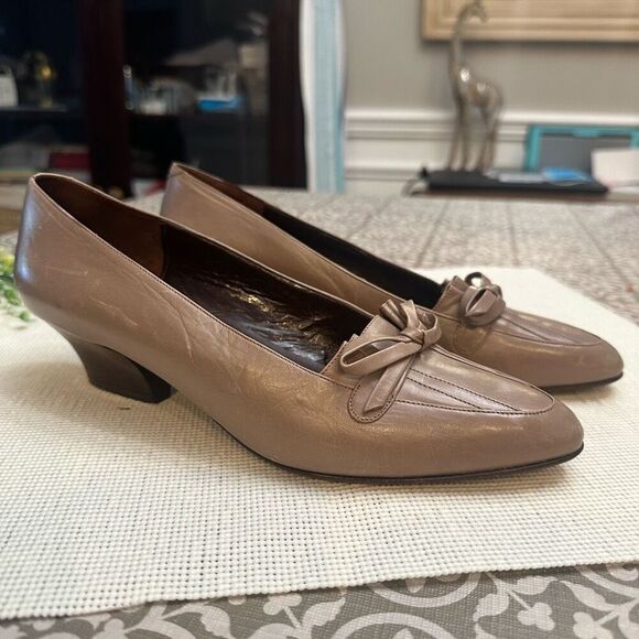 Sesto Meucci Made in Italy Dark Gray Leather Pleated Bow Low Heel Pumps 8.5M - Picture 3 of 9